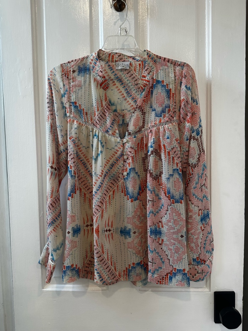 dolan (Anthropologie) Cream Blouse with Pink and Blue Geometric Print